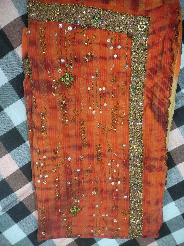 Orange &amp; Gold Embellished Sari