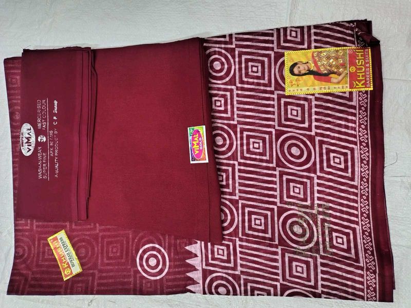 Maroon Saree Pure Cotton With Blouse And Peticoat