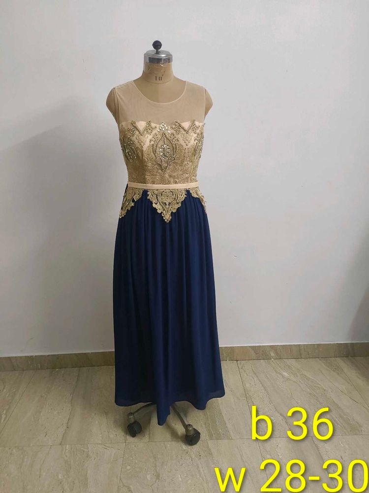 Navy &amp; Gold Embellished Gown