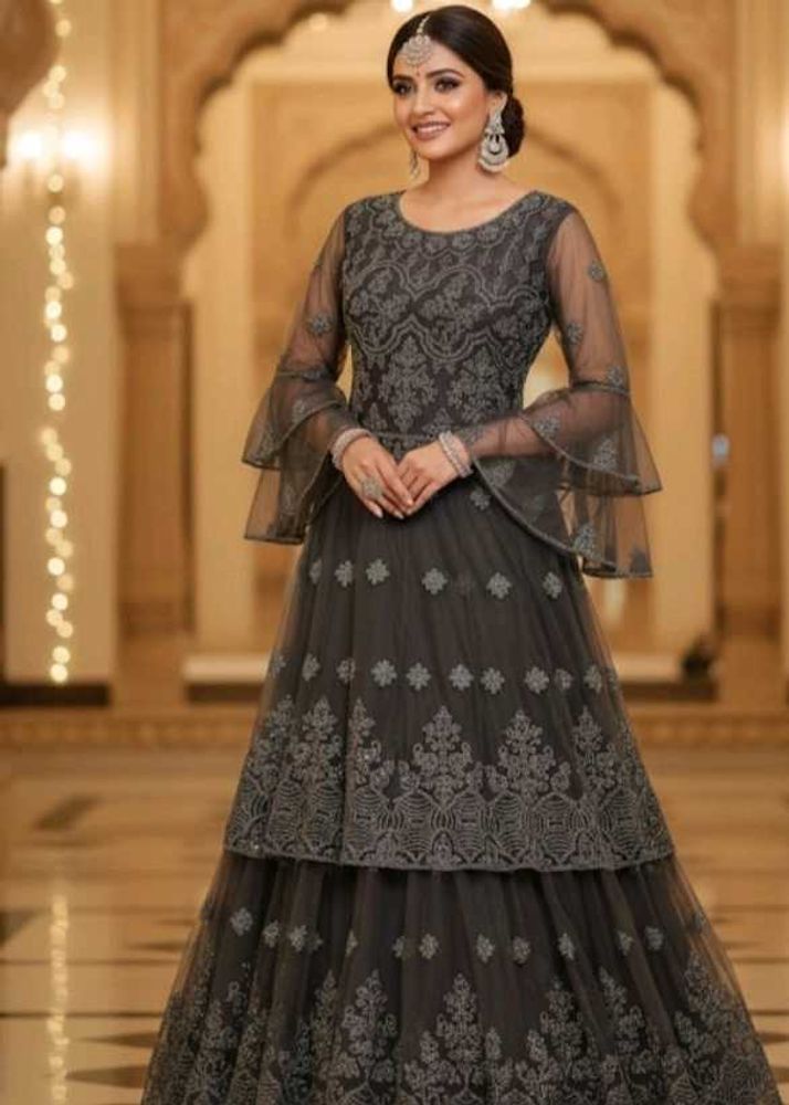 Elegant Grey Net Layered Gown