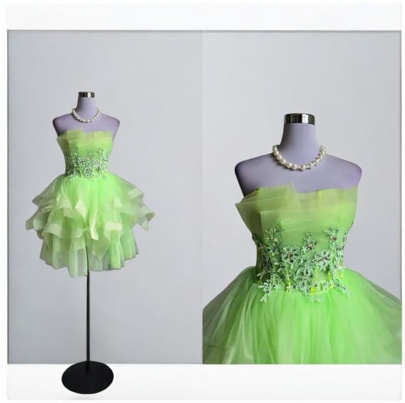 Green cocktail dress cascading ruffles strapless s