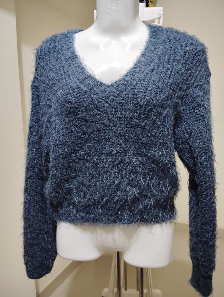 Blue Fuzzy V-Neck Sweater