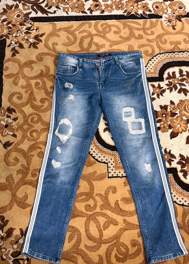 Distressed Jeans with Side Stripe
