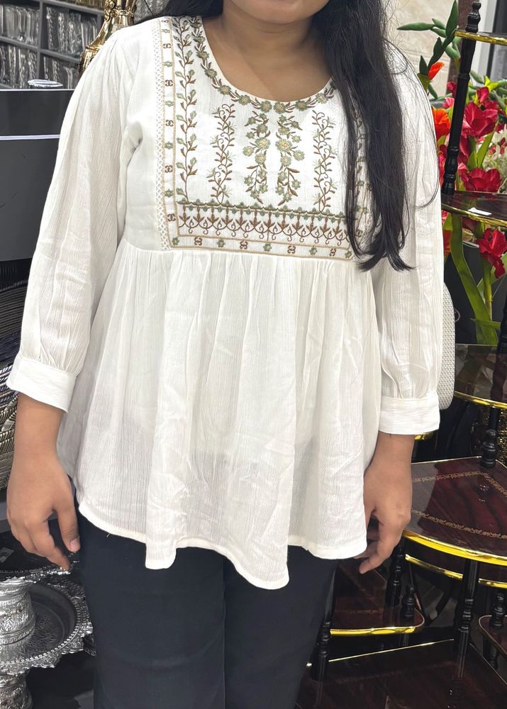 Embroidered White Top Short Kurti Size M