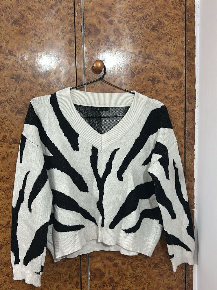 Zebra Print V-Neck Sweater
