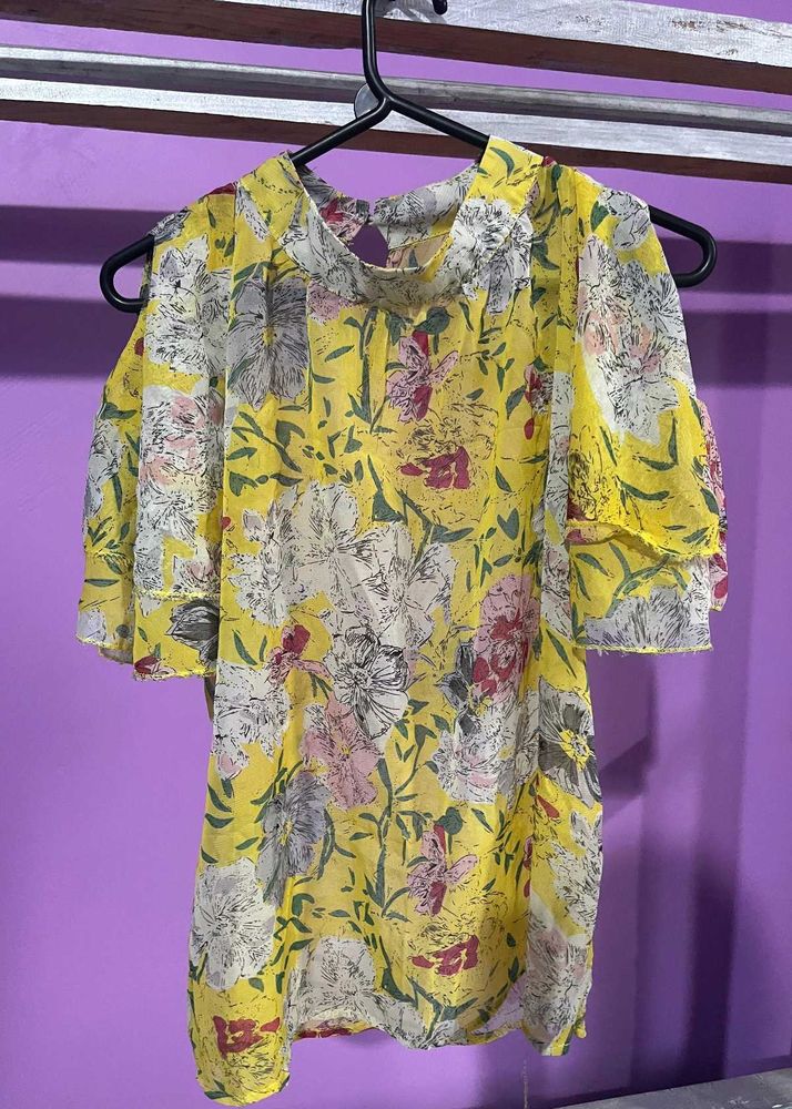 Yellow Floral Cutout Shoulder Blouse For Women