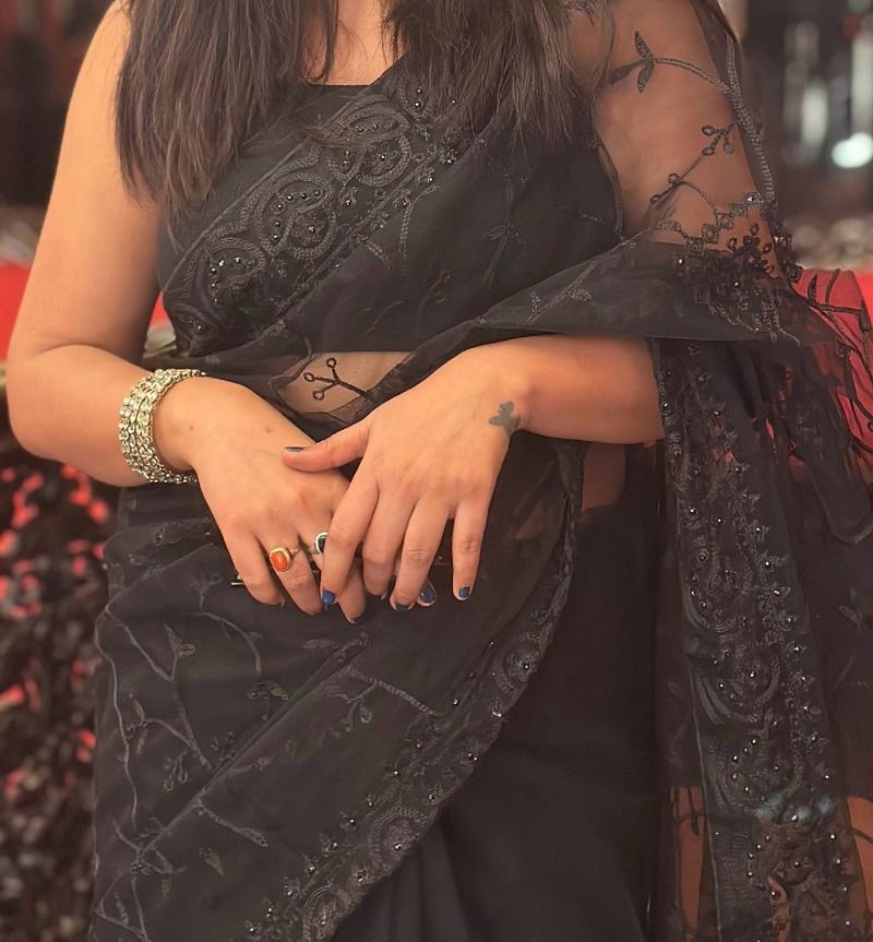 Black Embroidery Net Saree