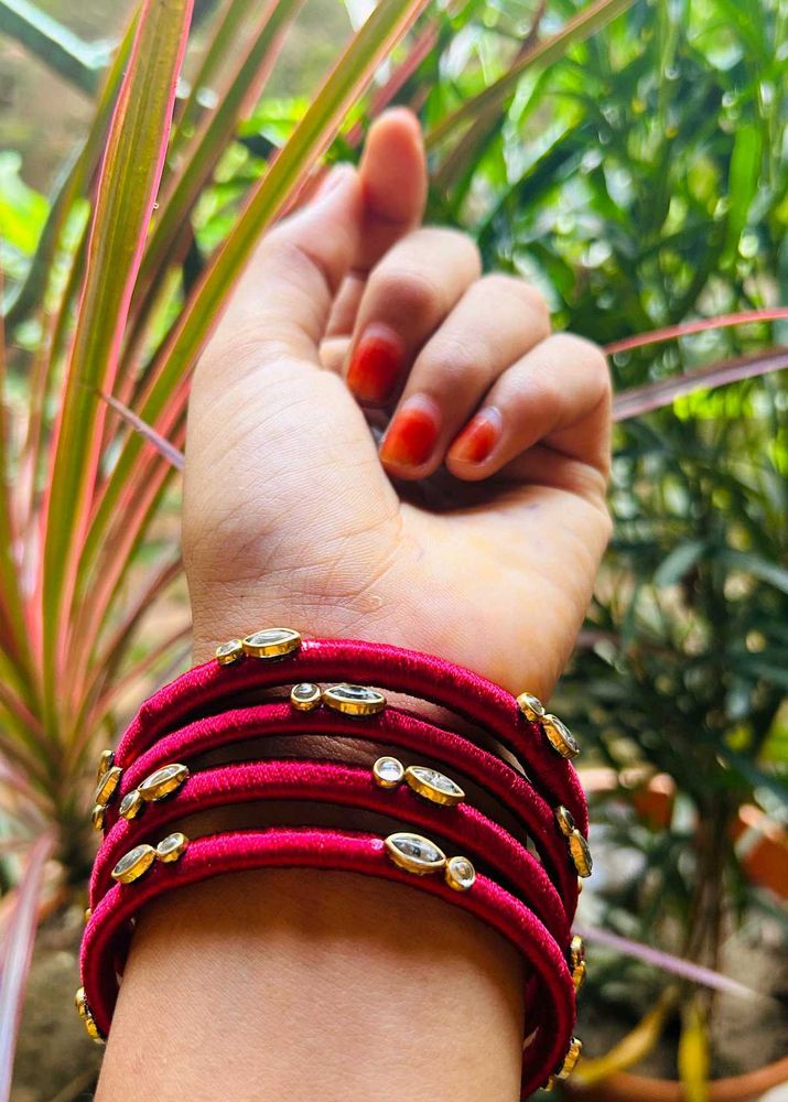 Handmade Fabric Silk Thread Kundan Bangles