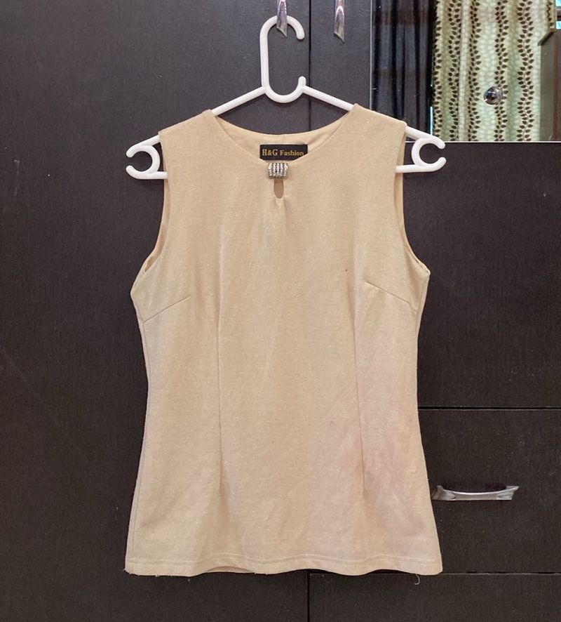 Chic Beige Shine Sleeveless Top with Embellishment