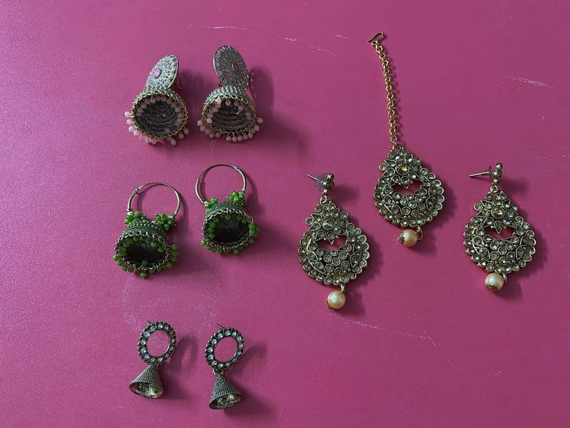 4 Earring Sets, One With Maang Tika