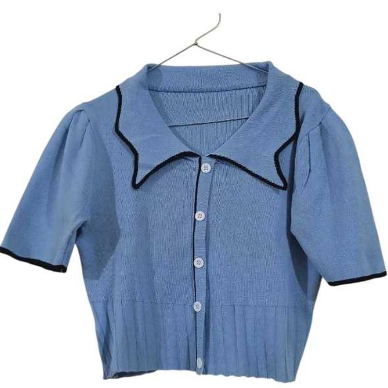 Korean Blue Cropped Cardigan Top