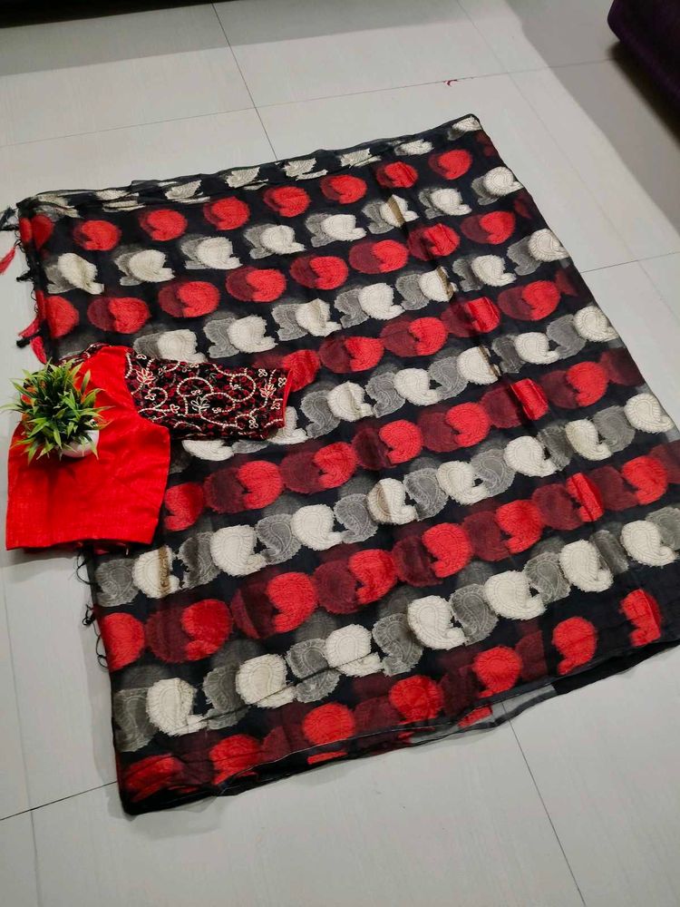 Organza Black &amp; Red Polka Dot Saree