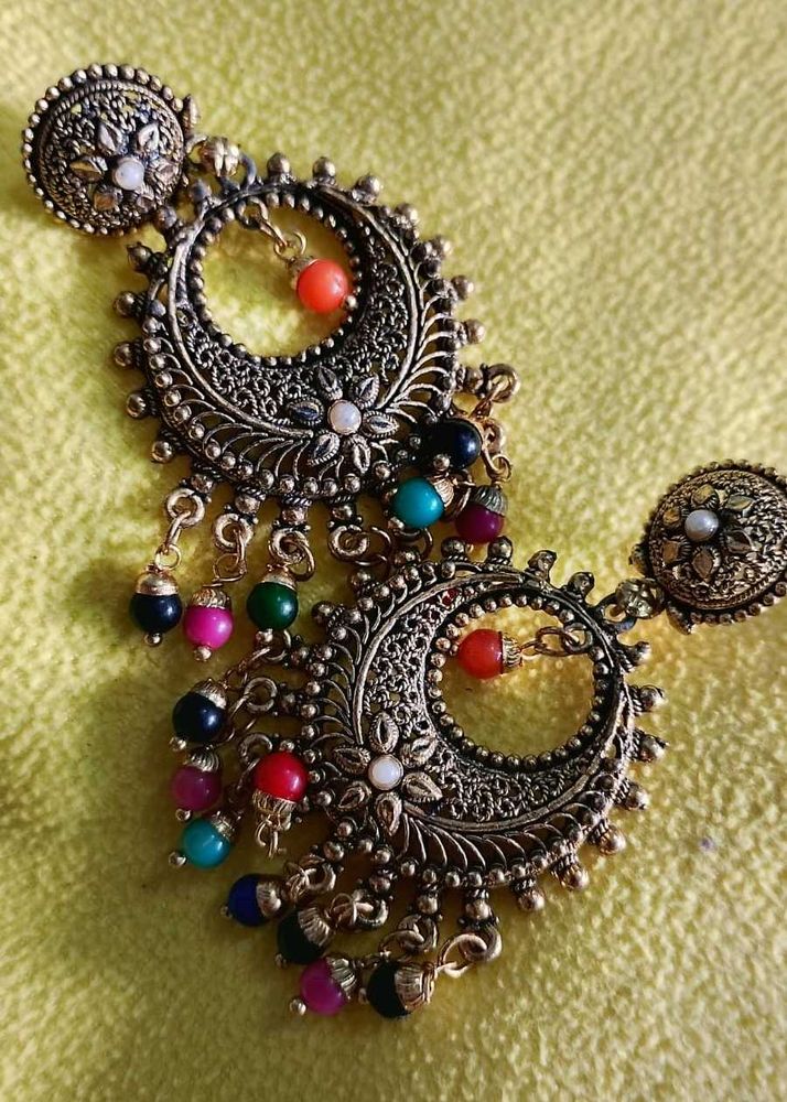 Antique Gold-Plated Chandbali Earrings with Multic