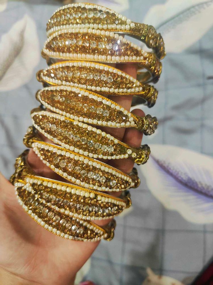 Elegant Gold &amp; Pearl Bangles (Set of 8)