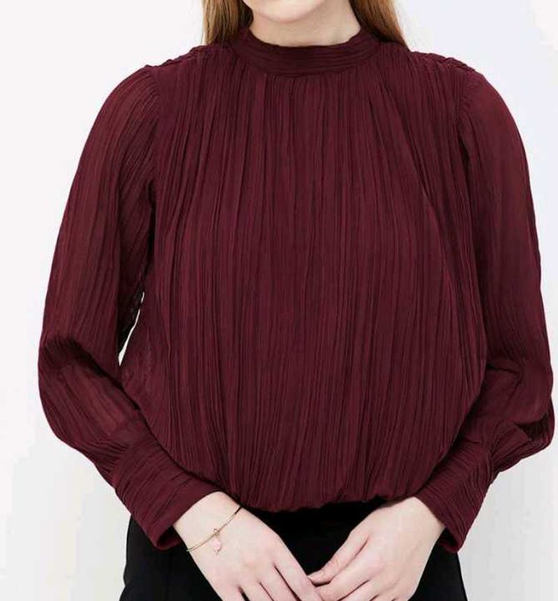 Burgundy Pleated Mock Neck Blouse Top