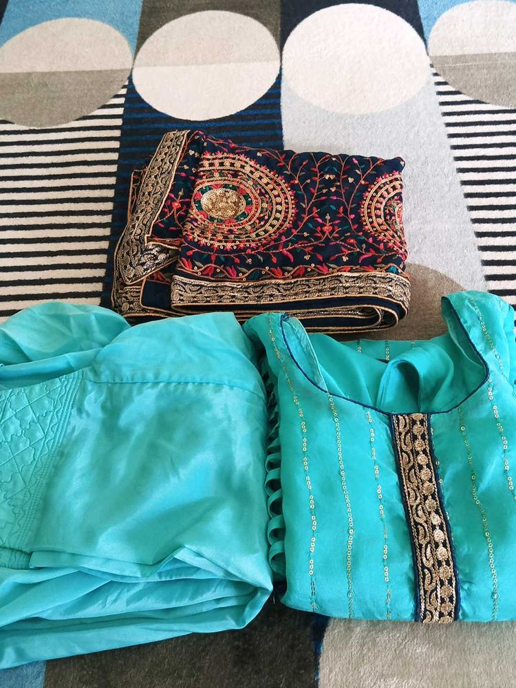 Skyblue Sequence Suit With Heavy Fulkari Duptta