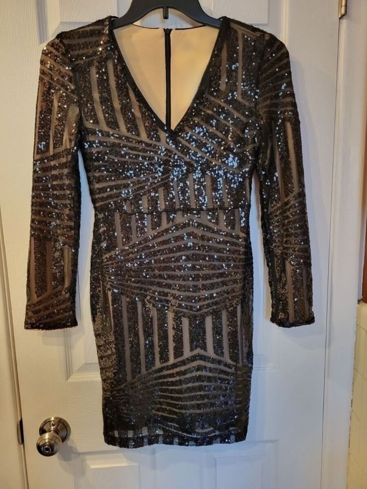 URBANIC Black And Nude Sequinned Bodycon Dress