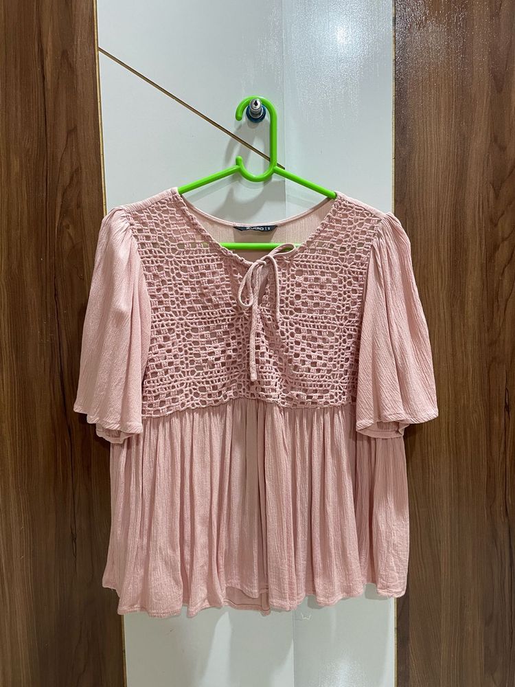 Pink Crochet Peasant Top
