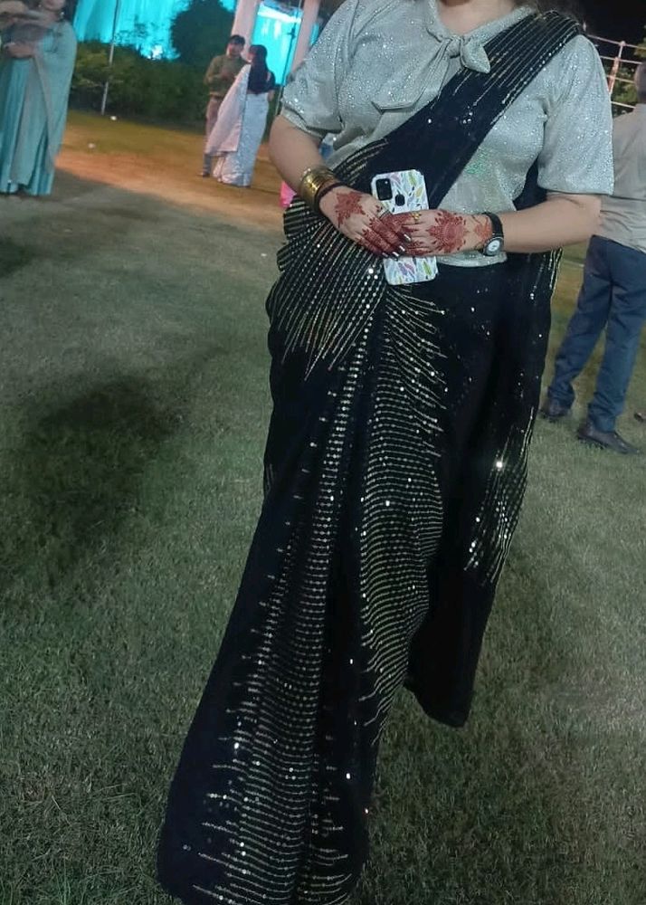 Golden And Black Sequins Saree