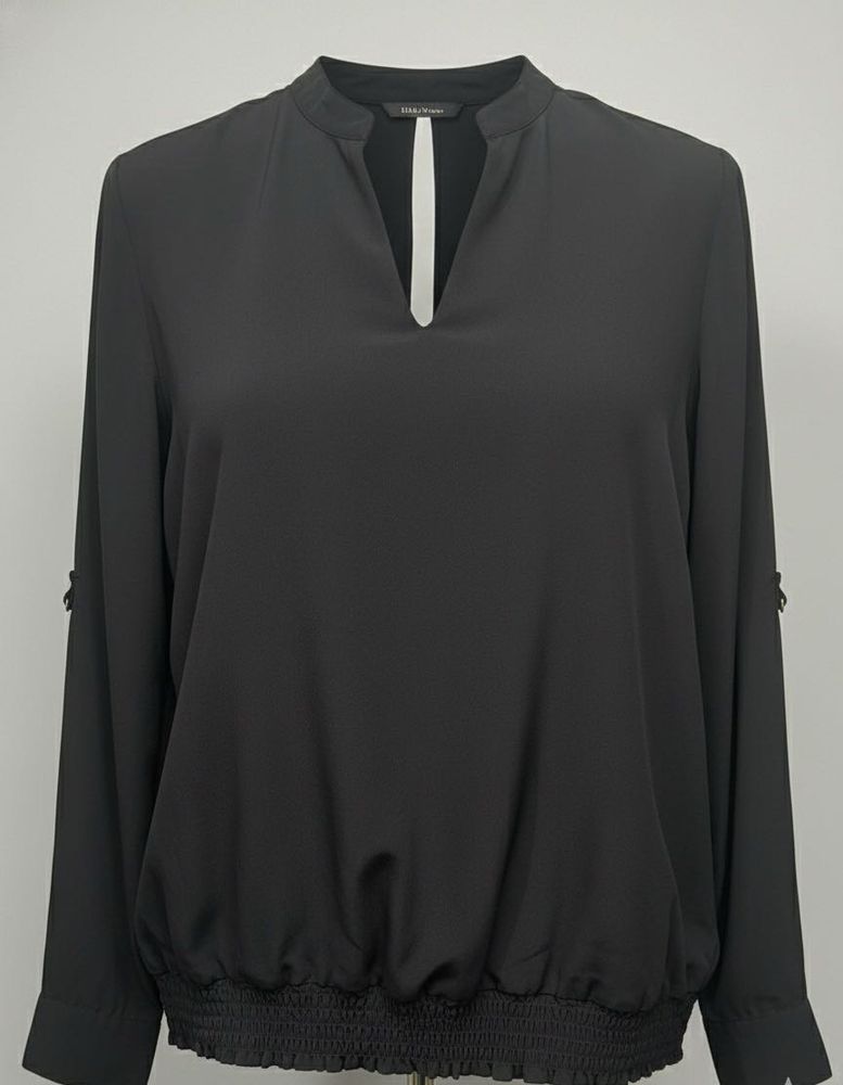 Elegant Black Long-Sleeve Blouse with Split Neckli