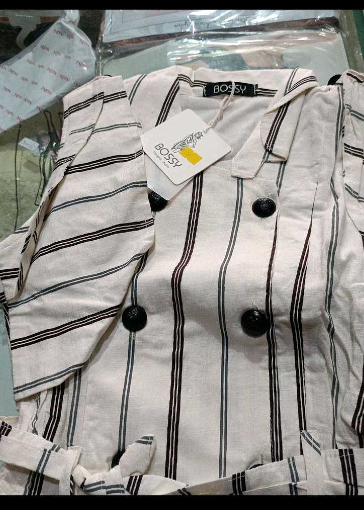 New Korean White Collar Dress With Black Strip