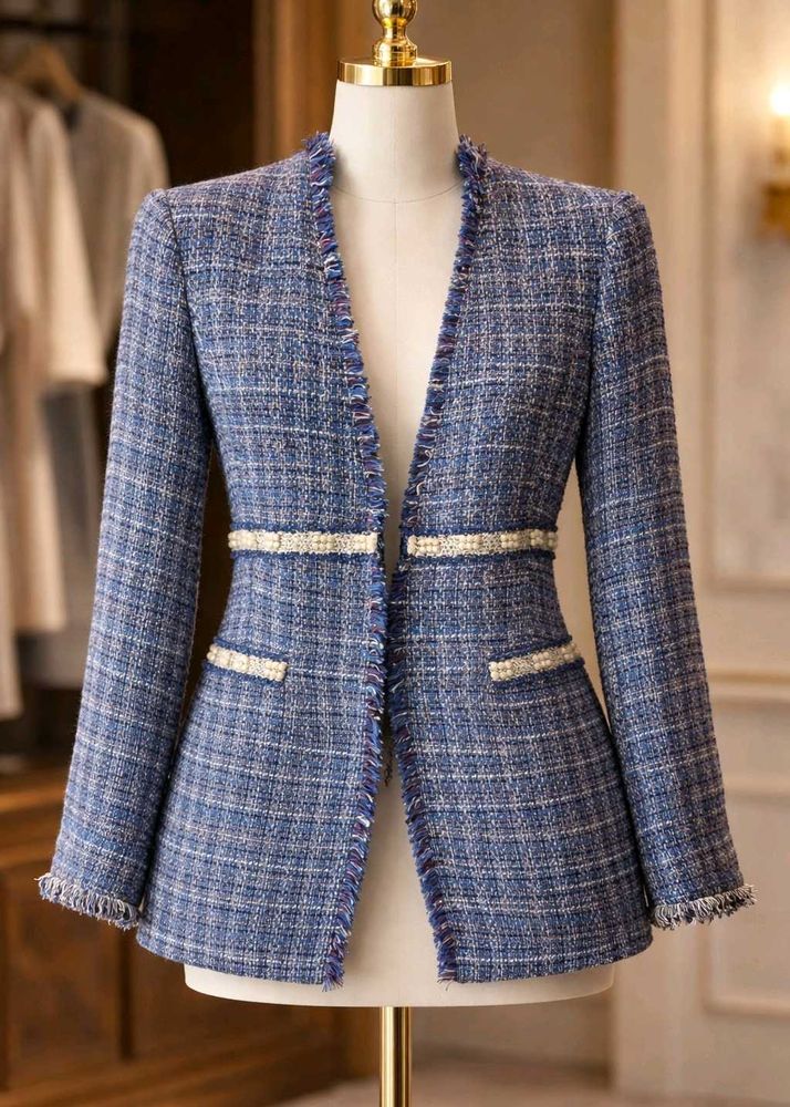 ZARA Tweed Elegance: Chic Blue Blazer