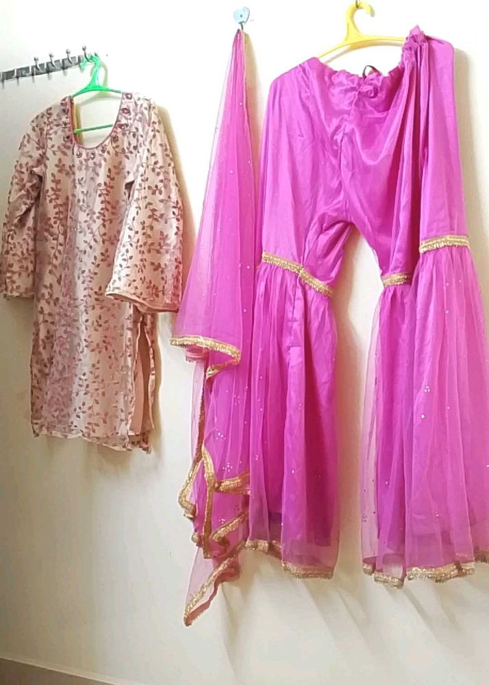 Elegant Pink &amp; Beige Gharara Suit