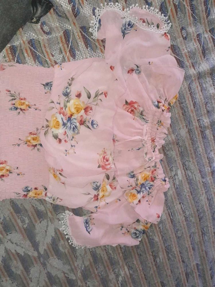 Offshoulder Pink Colour Trendy Top