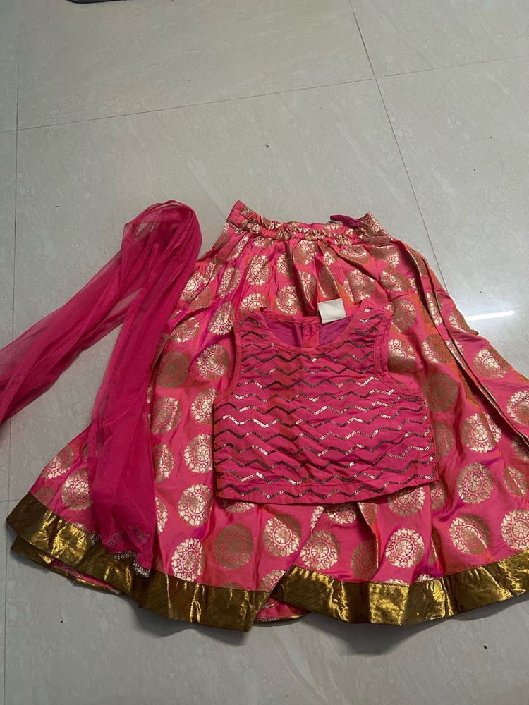 Girls Pink &amp; Gold Lengha Choli Set