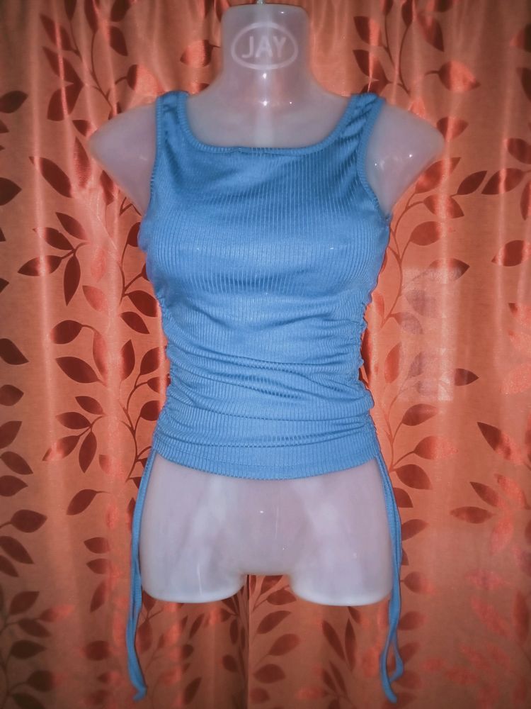 Sleeveless Drawstring Rib Crop top - Bijou Blue