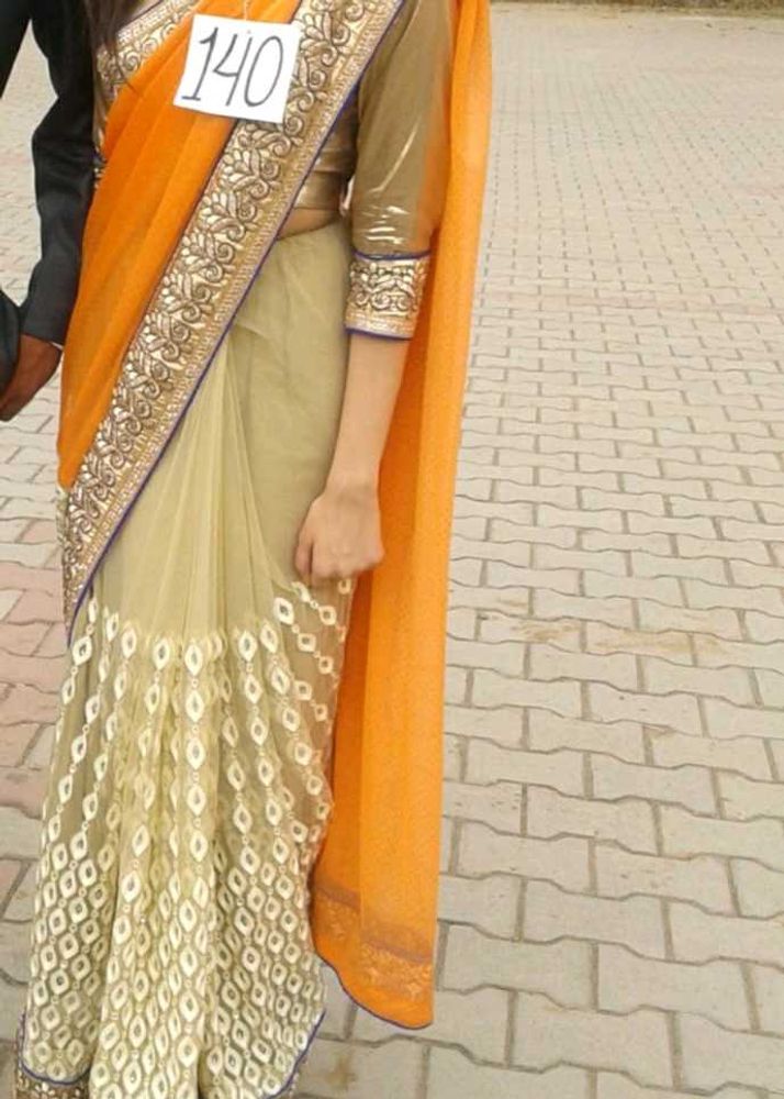Peach Net Saree