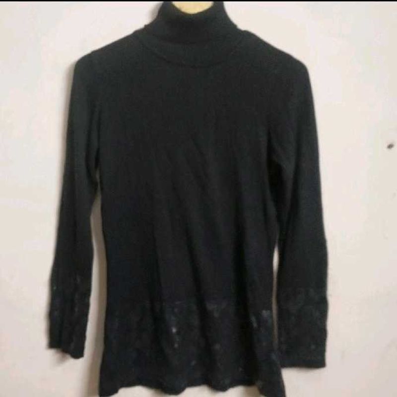 Elegant Black Turtleneck Top with leather print
