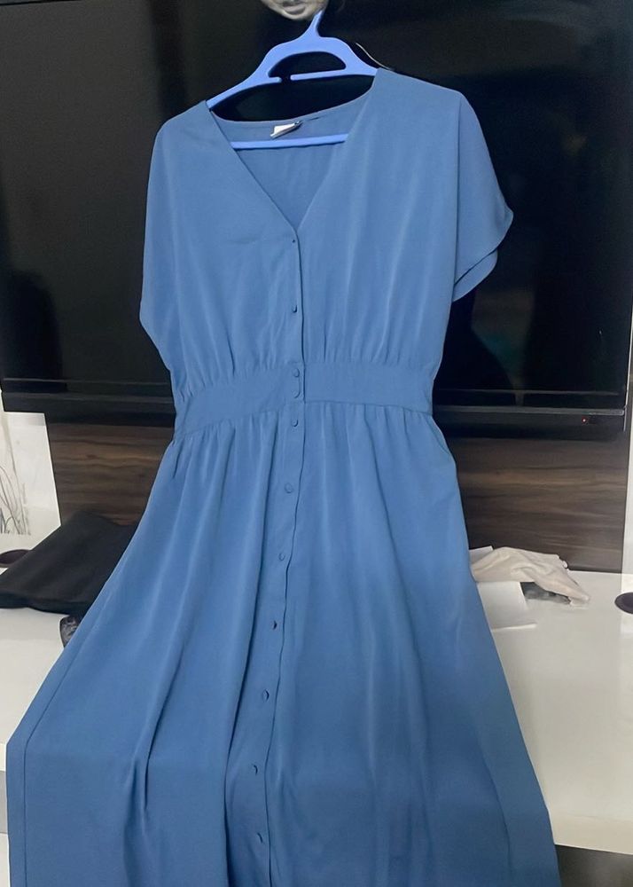 Blue Button-Down Midi Dress