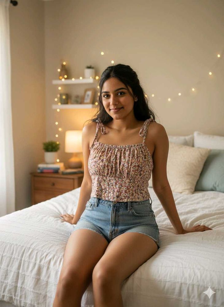 Pink Floral Printed Cotton Crop Top – Size L