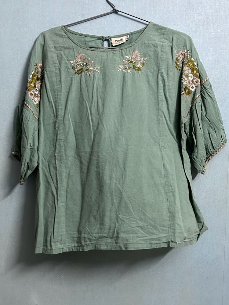 Sage Green Embroidered Top – Boho Chic