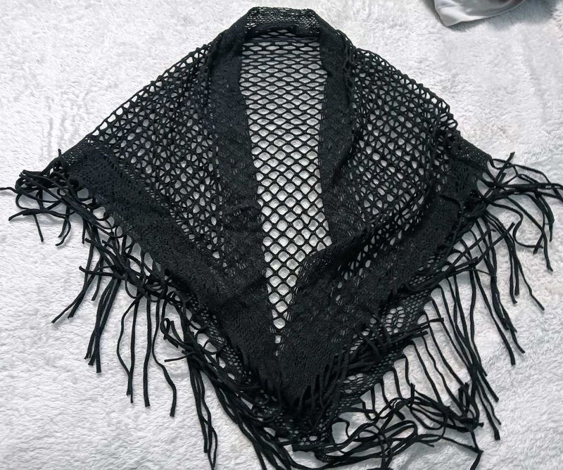 Black Fishnet Fringe Shawl