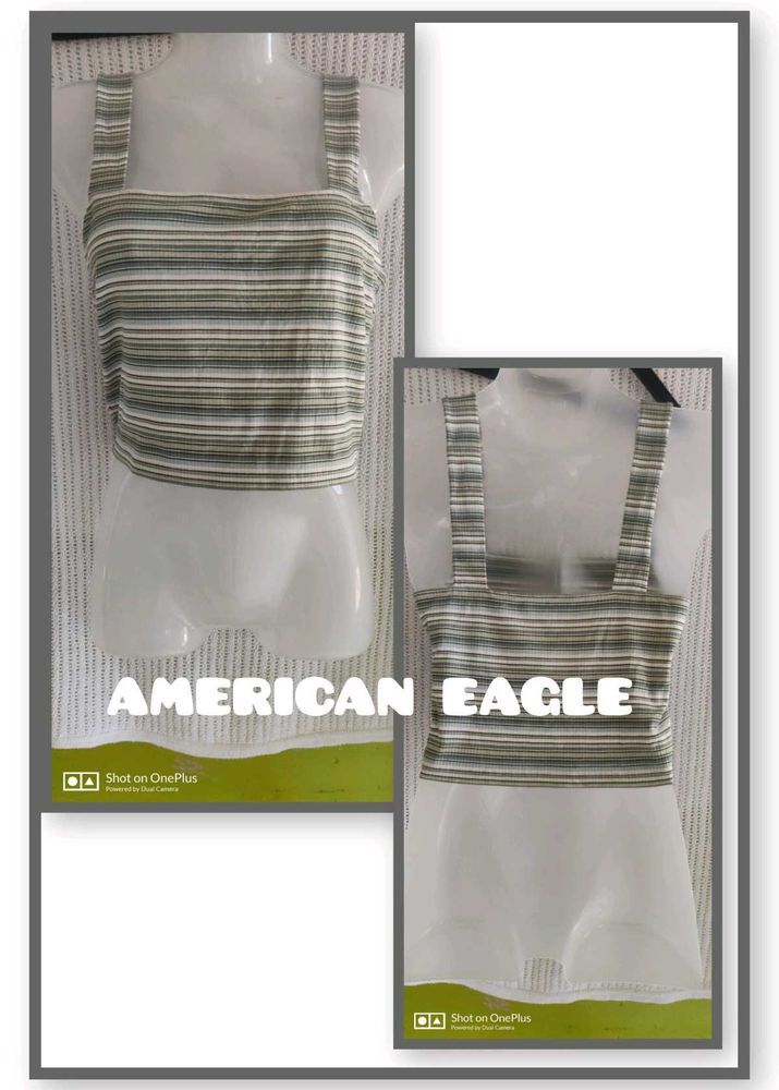 AE Green &amp; White Striped Ribbed Crop Top