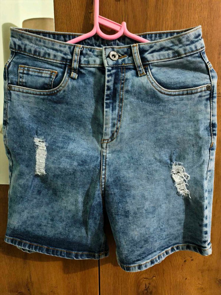Distressed Denim Jean Shorts (Women Blue High-Rise