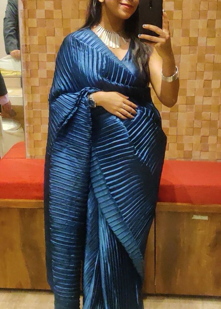 Crushed/Pleated Satin Blue Saree &amp; Blouse Set