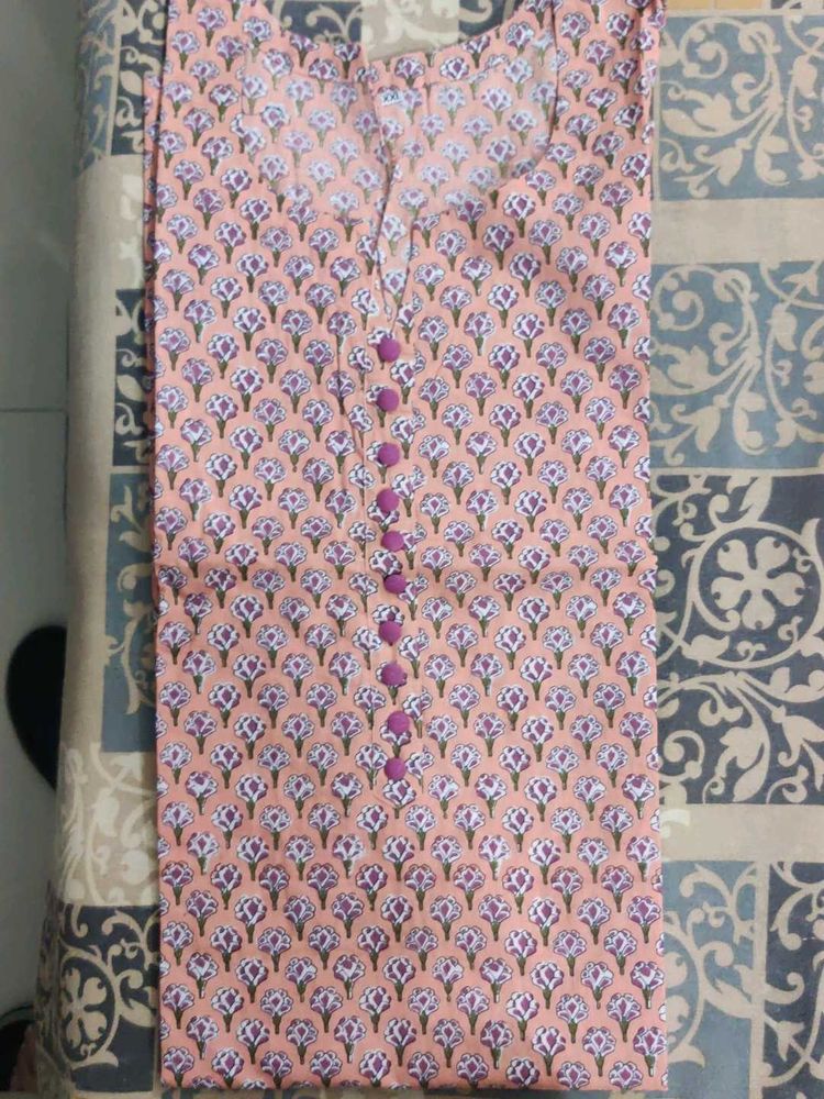 Peach Colour Long Cotton  Kurti