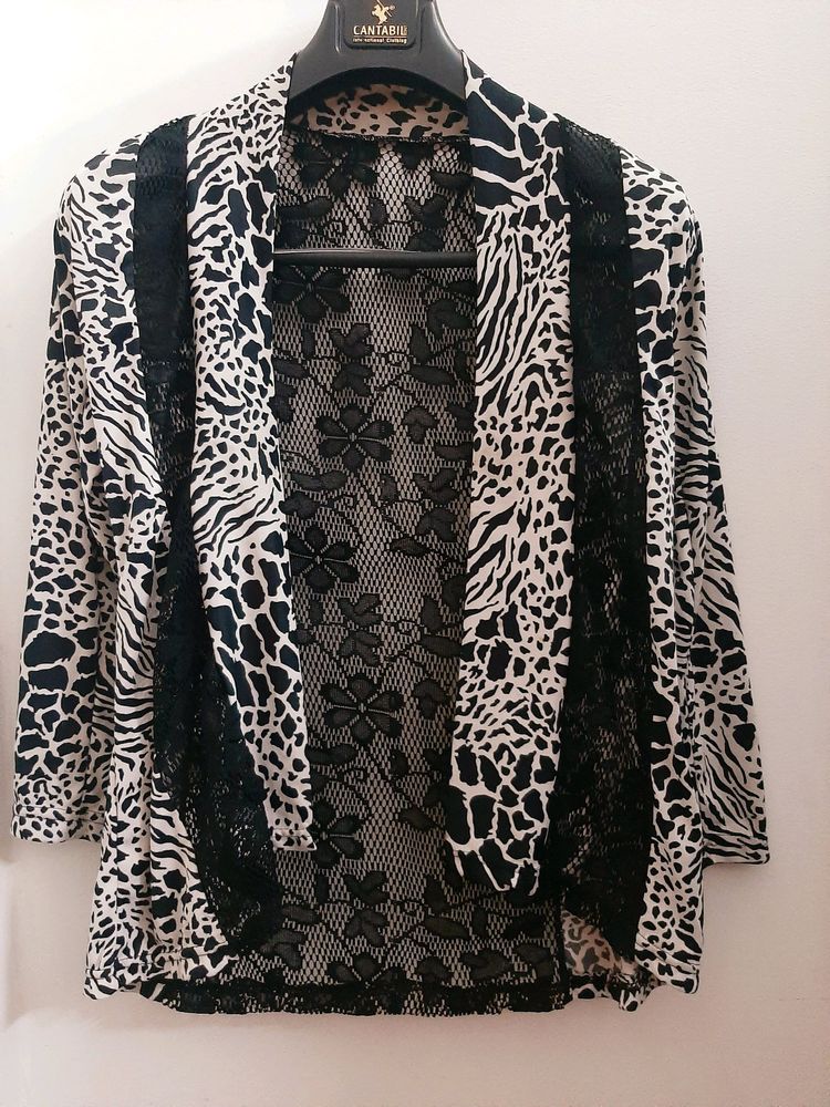 shrug-leopard print with black floral lace