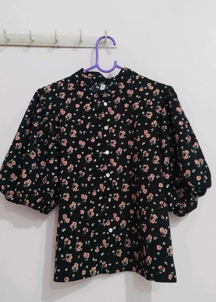 Black Floral Print Top