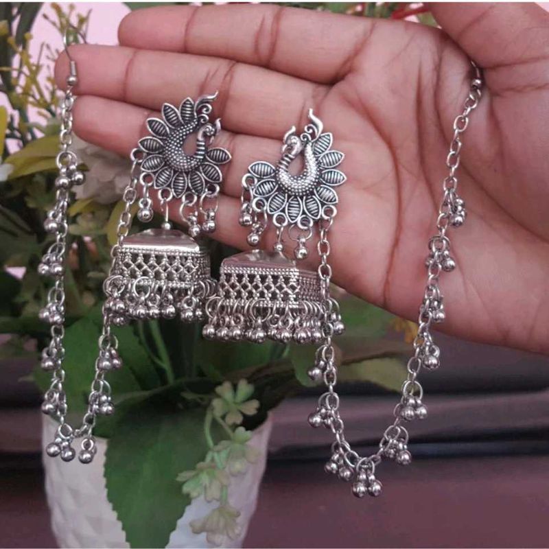 Peacock Jhumka Earrings with Chain