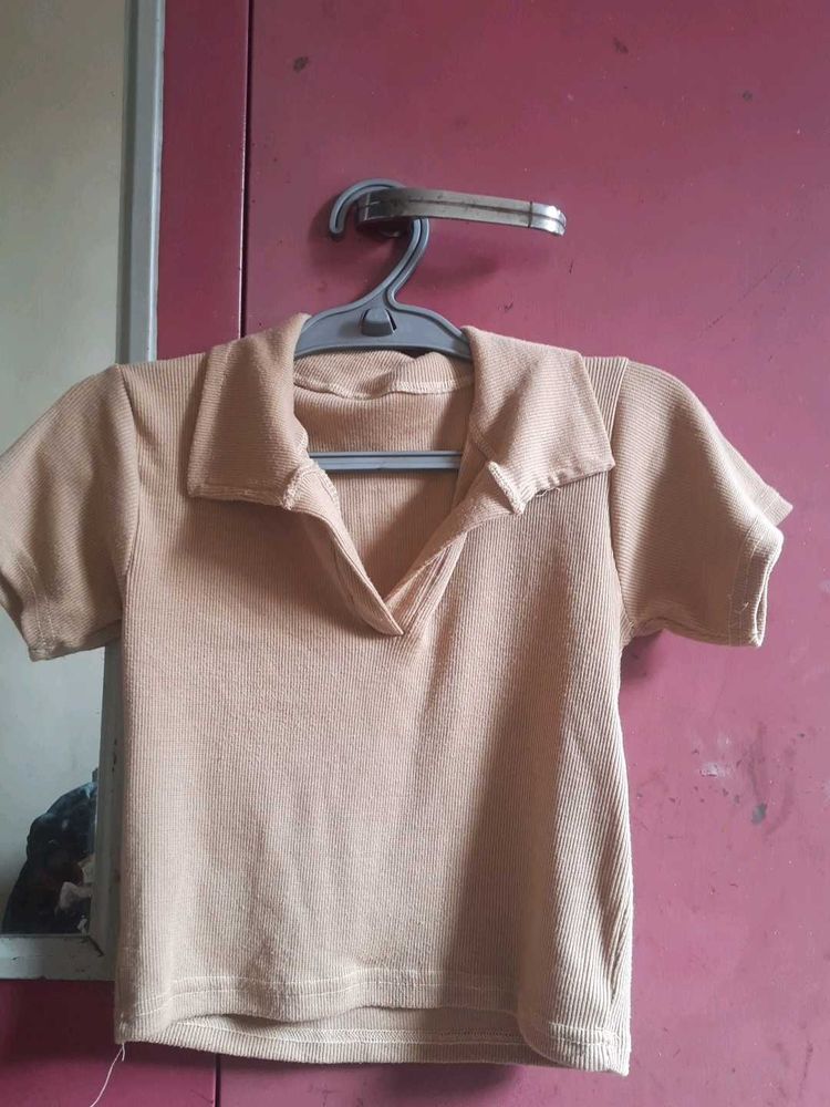 Beige Polo Style Crop Top