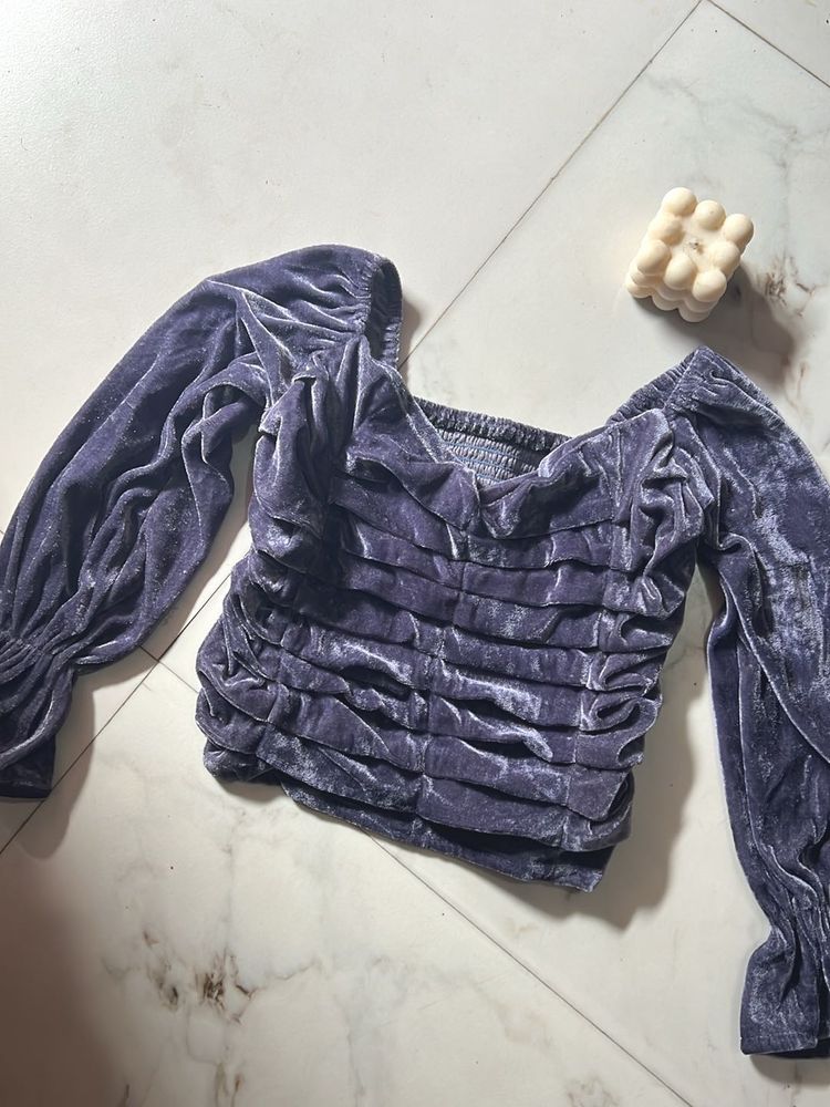 Purple Velvet Ruched Long Sleeve Top