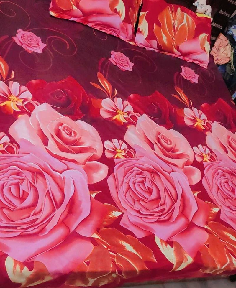 Red Floral Double Bed Bedsheet &amp; Pillow Cover