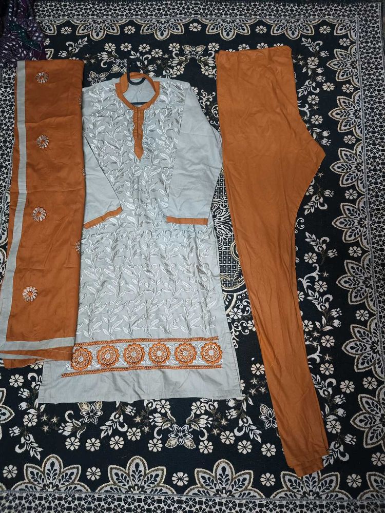 Grey Salwar Kameez with Orange Detail