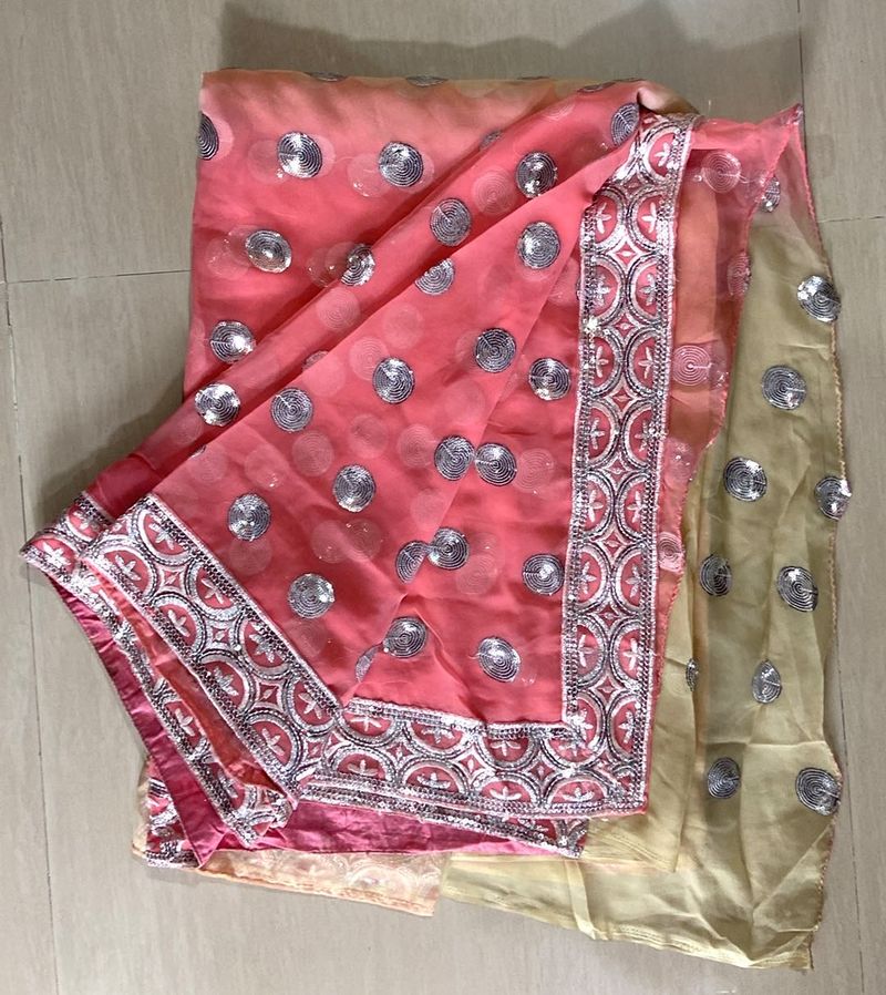 Pink &amp; Gold/ Off White Sequin Embellished Saree