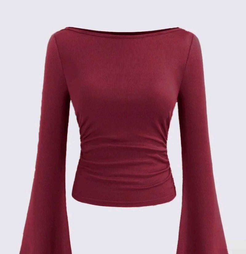 Boat Neck Solid Ruched Long Sleeve Top in Cherry R