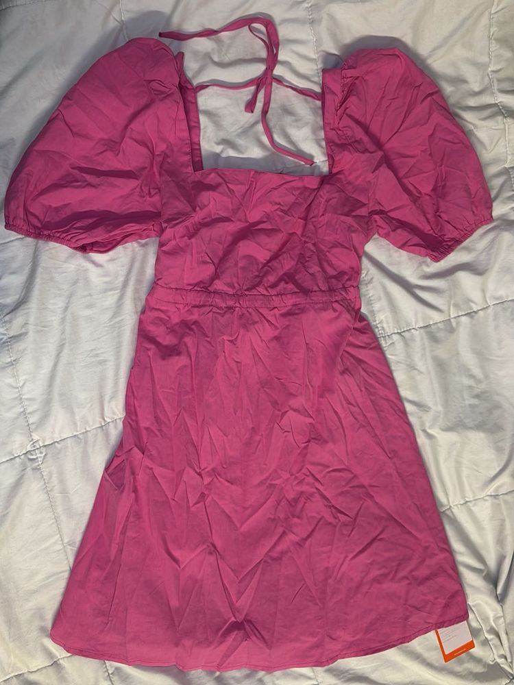 Hot Pink Puff Sleeve Mini Dress